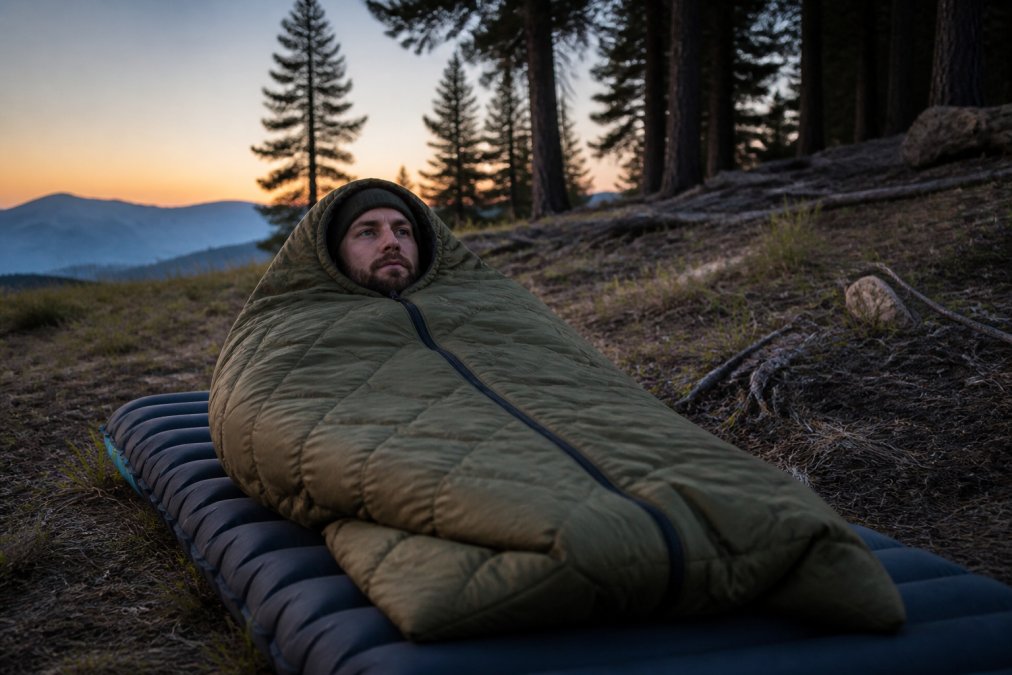 Outdoor enthusiast demonstrating a woobie blanket zipped into a sleeping bag configuration in a forest clearing at dusk, with the headport visible and the blanket fully enclosed around shoulders