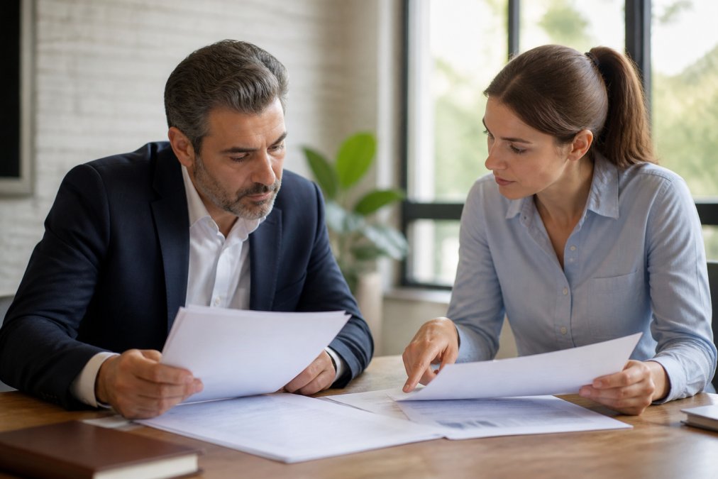 Professional real estate investor and lender reviewing loan estimate and closing disclosure documents side by side at a desk with natural office lighting