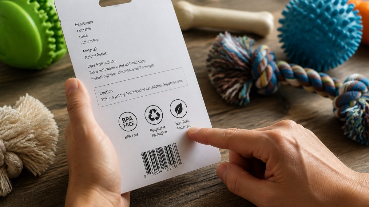 Hands examining a dog toy package to identify BPA-free labels and recycling symbols for a five-step safety check.