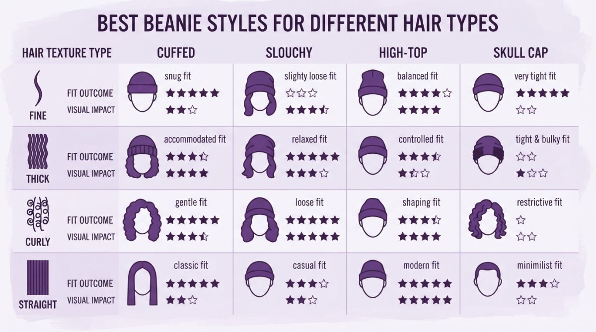 Comparison matrix showing hair texture types (fine, thick, curly, straight) against beanie style recommendations (cuffed, slouchy, high-top, skull cap) with fit outcomes and visual impact ratings