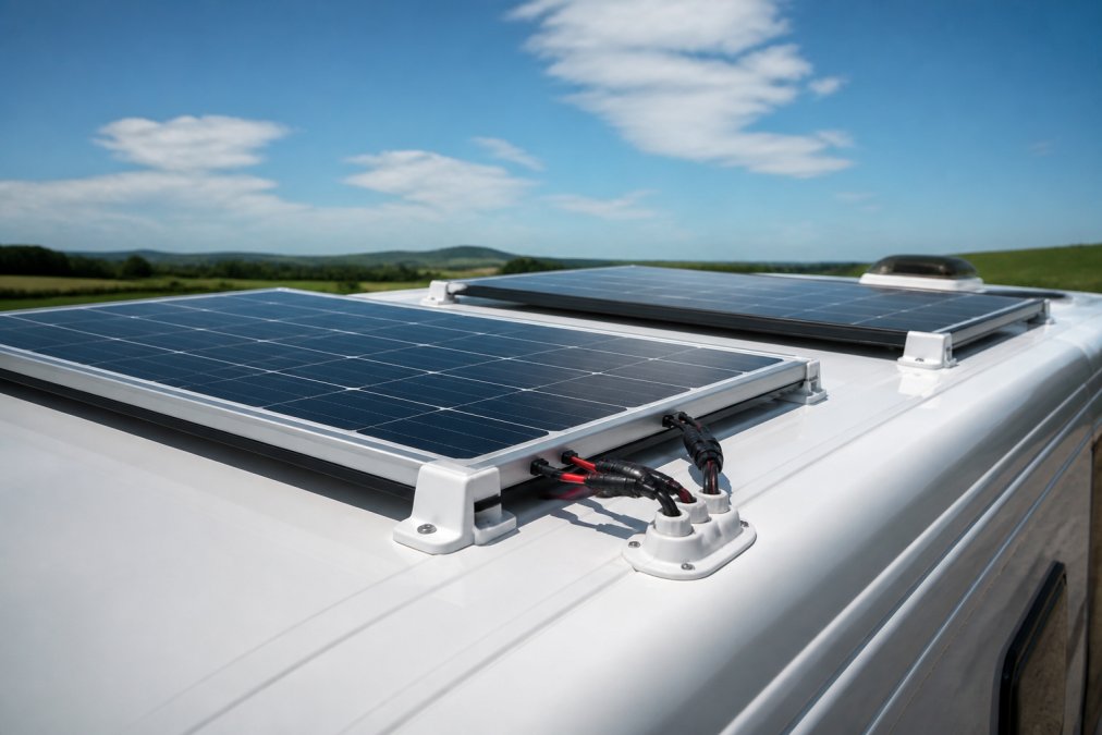 A campervan roof with two rigid solar panels mounted on white corner brackets, MC4 connectors and solar cable running neatly into a double cable entry gland, blue sky behind