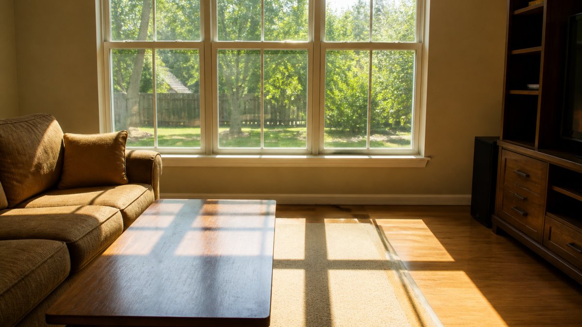Diagram illustrating how window tinting reduce electric bills by blocking solar heat and glare in a sunlit room