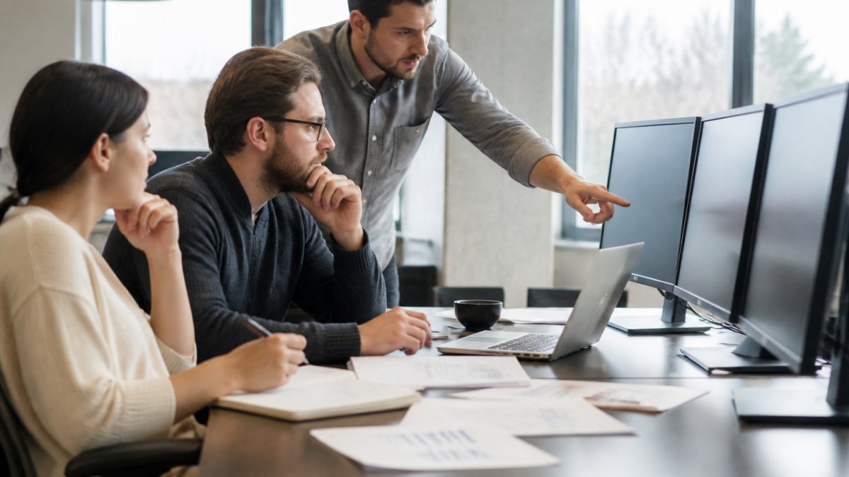 Professional team reviewing website performance metrics on multiple monitors in modern office setting, with notebooks and analytics printouts on desk, natural daylight from windows