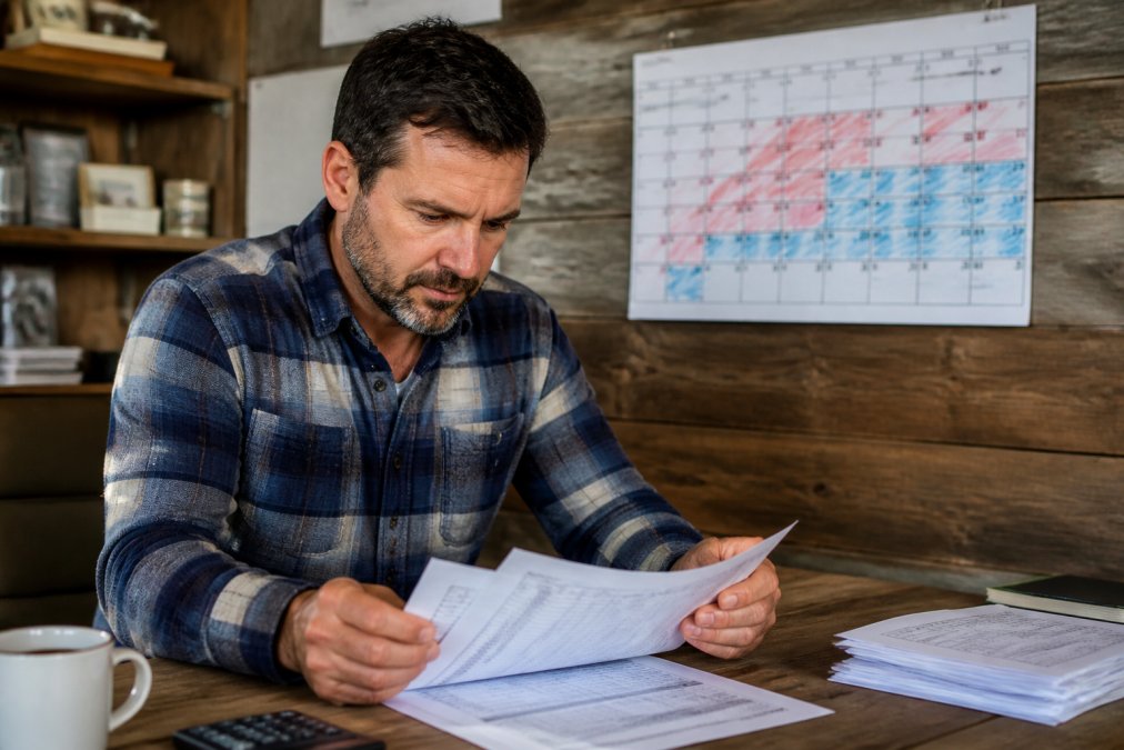 A business owner in a flannel shirt reviewing printed financial statements at a wooden desk, with a wall calendar marked in two colors showing busy and slow months behind them