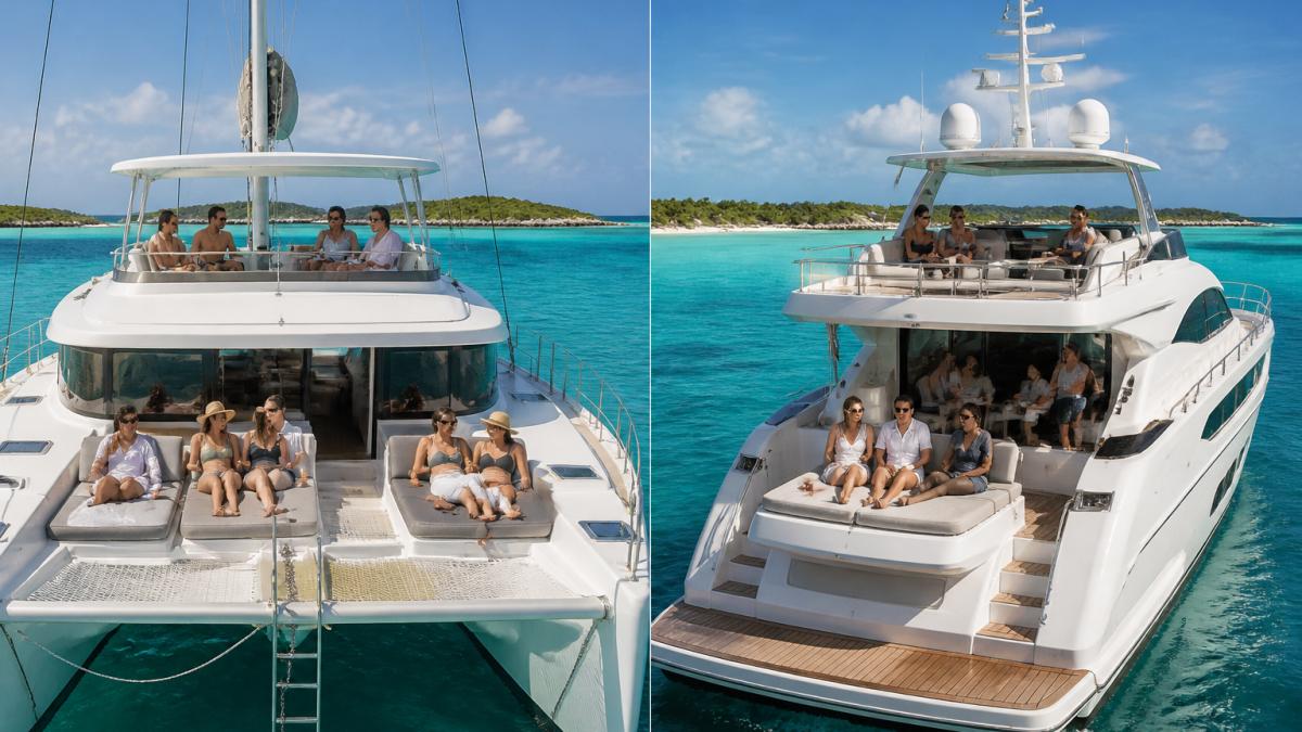 Guests relaxing on the spacious flybridge and bow of a catamaran anchored in clear Bahamian waters