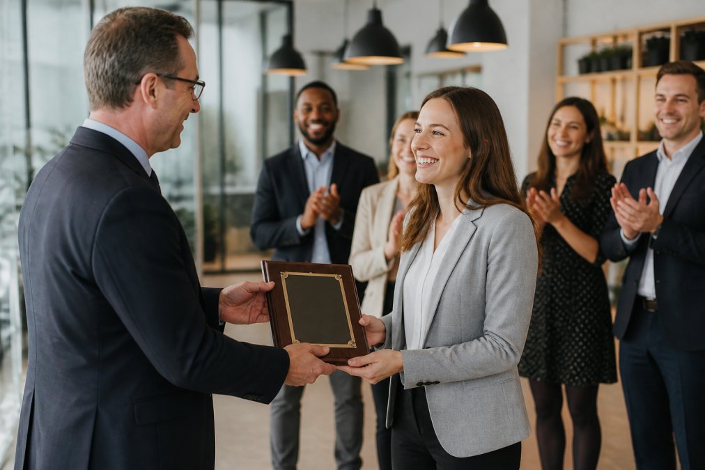 A manager presenting a personalized engraved plaque to a smiling employee in a modern office setting, with a small group of colleagues clapping in the background