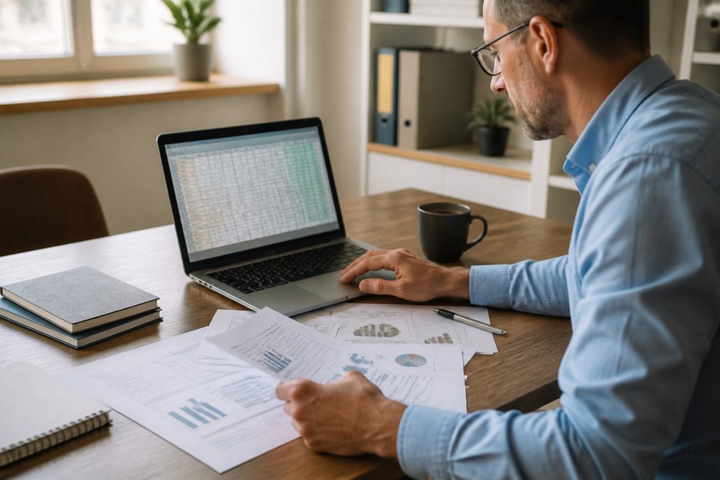 Person working at a desk with a laptop and financial documents to calculate a budget using the 50-30-20 rule.