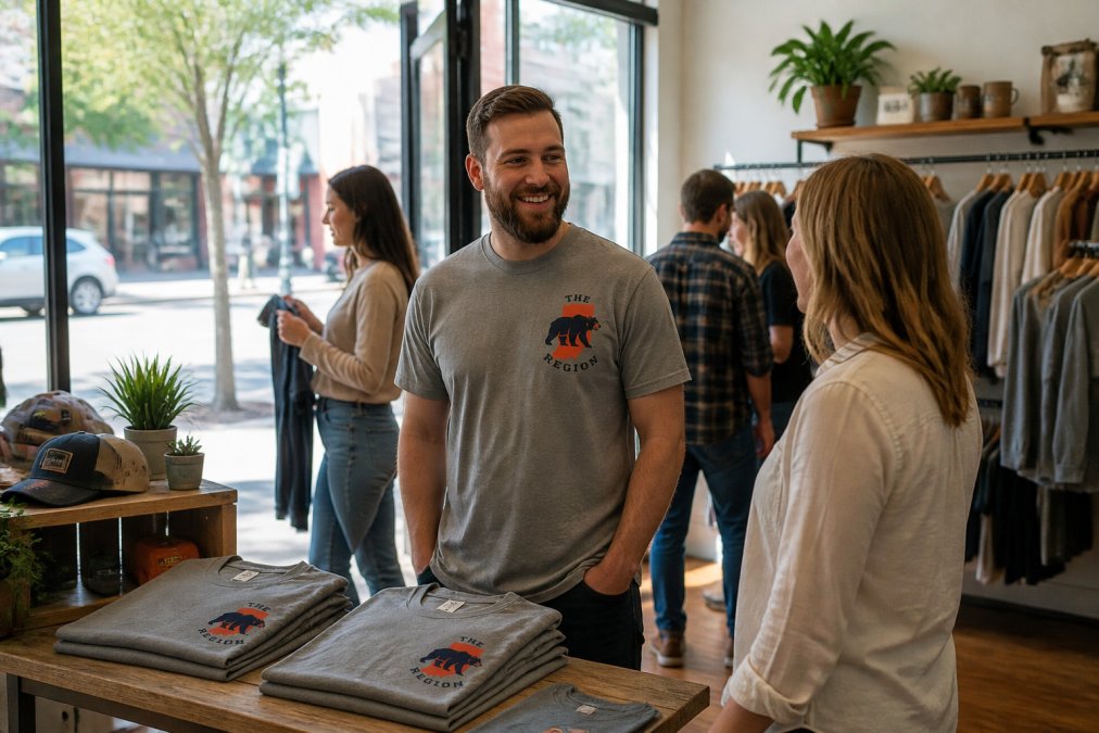 Small independent boutique storefront with community members browsing apparel inside, warm lighting and local merchandise displays visible through storefront windows