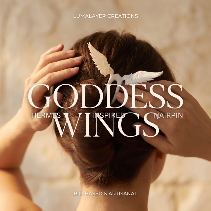3d printed hair pin with gothic goddess wings detail modeled by woman with text overlay