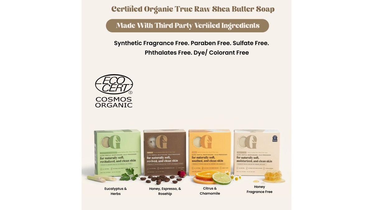 A single 5oz SheaX fragrance-free bar soap resting on a bamboo soap dish, soft natural light, neutral bathroom background with a folded white towel