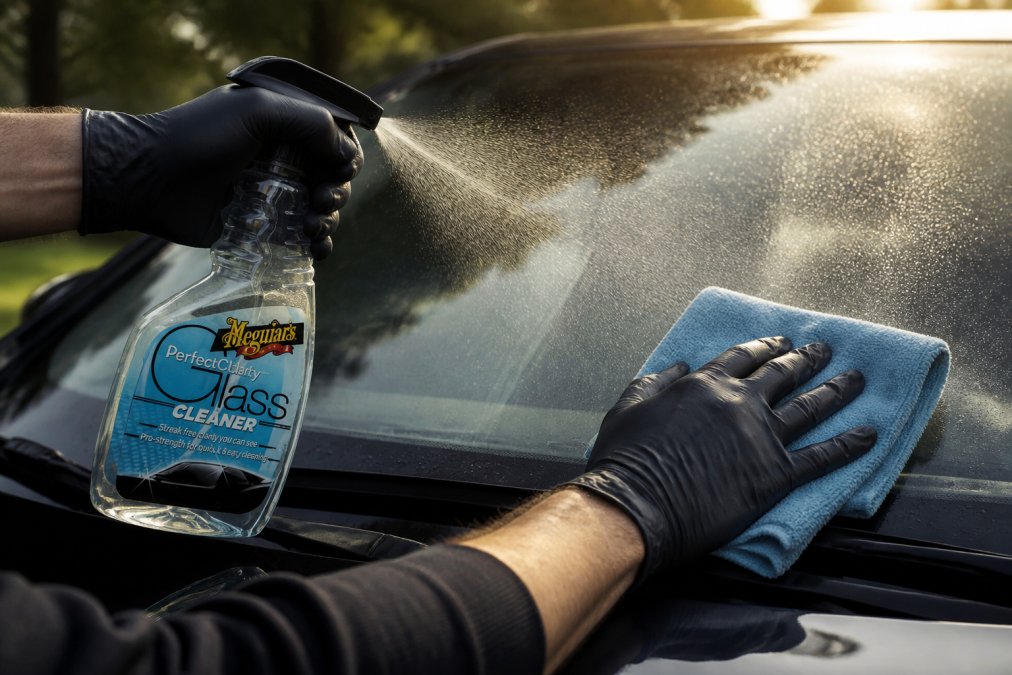 Professioneel handen die voorzichtig een autoruit reinigen met microvezeldoek en ruitenreiniger, zonlicht dat de natte ruit verlicht