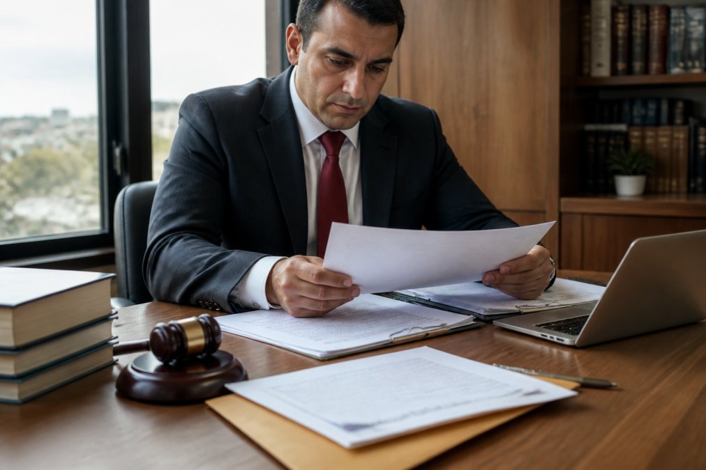 Person reviewing legal paperwork and court documents at a desk with a laptop, representing the expungement process and criminal record clearing