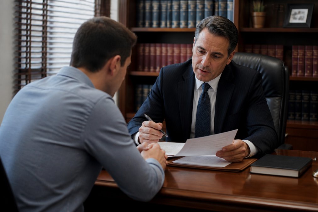Criminal defense attorney meeting with a client in a professional law office consultation room, discussing case documents and legal strategy with focused attention