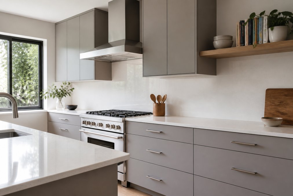 Modern kitchen with flat panel cabinet doors in soft gray, stainless steel hardware, white quartz countertops, and open shelving displaying cookbooks under bright natural light