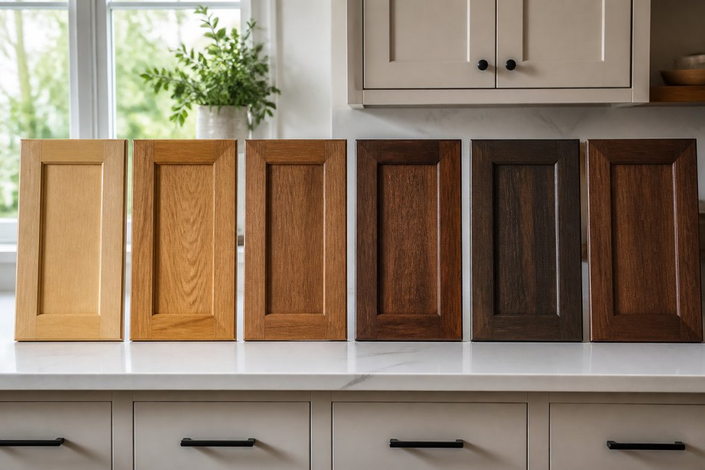 Kitchen cabinet doors displaying six different wood finishes ranging from light honey oak to deep walnut stain, with natural window light highlighting the grain patterns and color variations