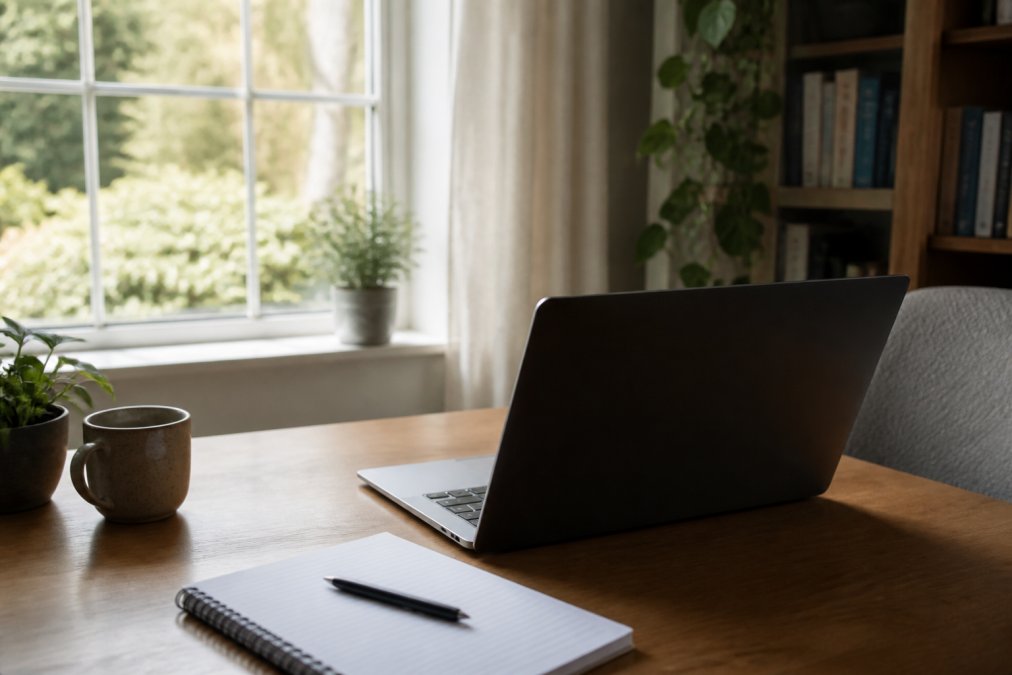 A calm home office setup with a laptop on a wooden desk, a notebook and pen beside it, and soft natural light coming through a window, suggesting a private quiet space for a therapy session