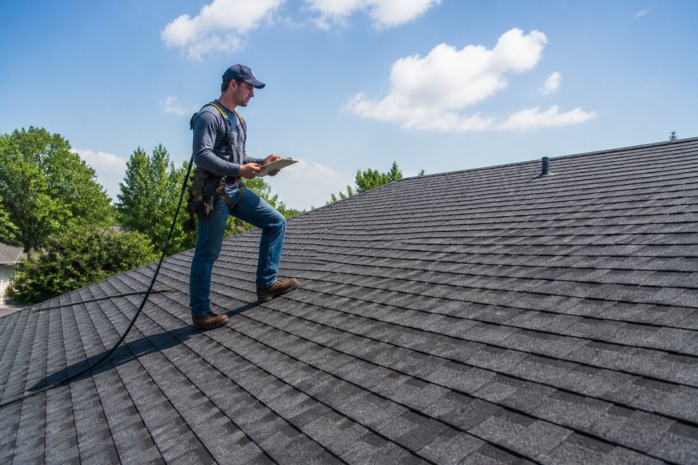 A roofing contractor in a safety harness and work boots walking a residential shingle roof with a clipboard, inspecting shingles under clear daylight