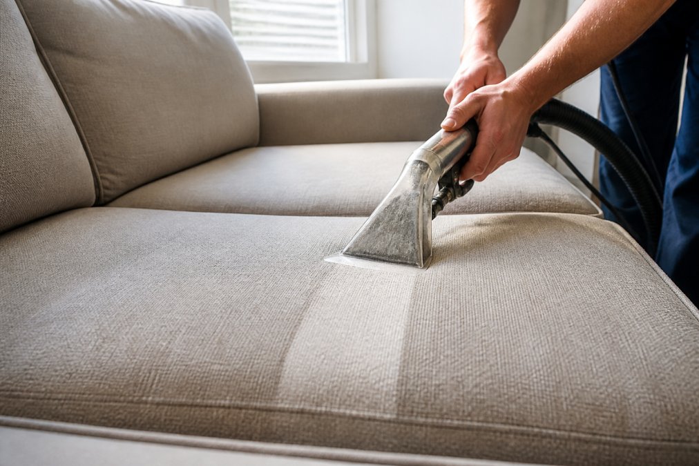 Close-up of a technician's hands guiding a professional upholstery cleaning wand across a light-colored sofa cushion, fabric texture visible under bright natural window light