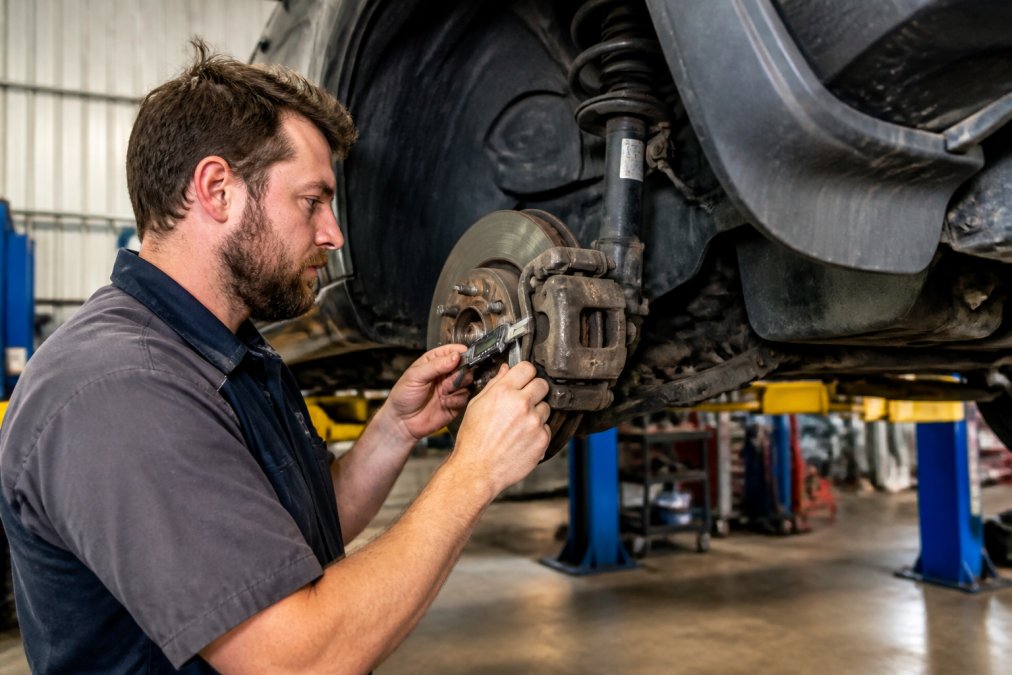 Mechanic performing detailed brake pad and suspension inspection on a lifted vehicle, checking components with precision instruments and documenting findings in a professional workshop setting