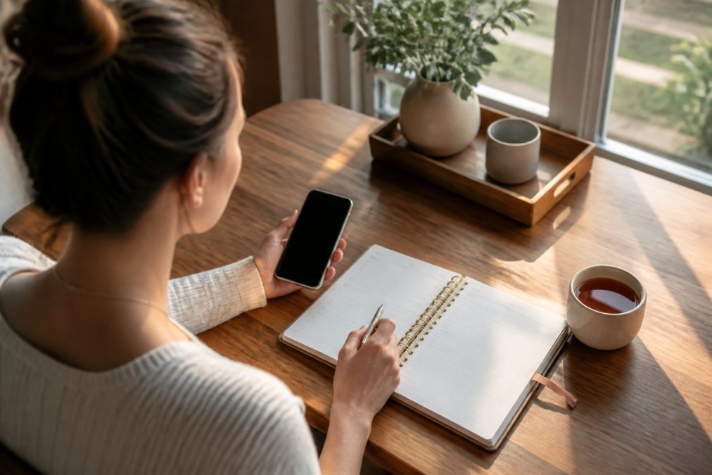 A person sitting at a bright wooden desk with a smartphone, a paper planner, and a cup of tea, reviewing their daily schedule with natural window light
