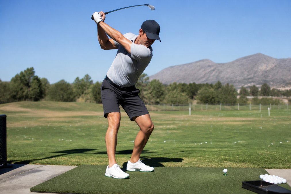 Athlete wearing athletic shorts performing a golf swing on a driving range, showing full range of motion through the waist and thighs with natural outdoor lighting