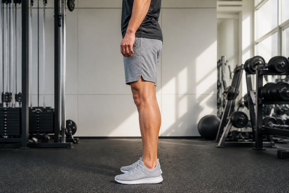 Side view of person standing naturally wearing shorts with proper inseam length, fabric sitting above the knee without excess bunching or pulling