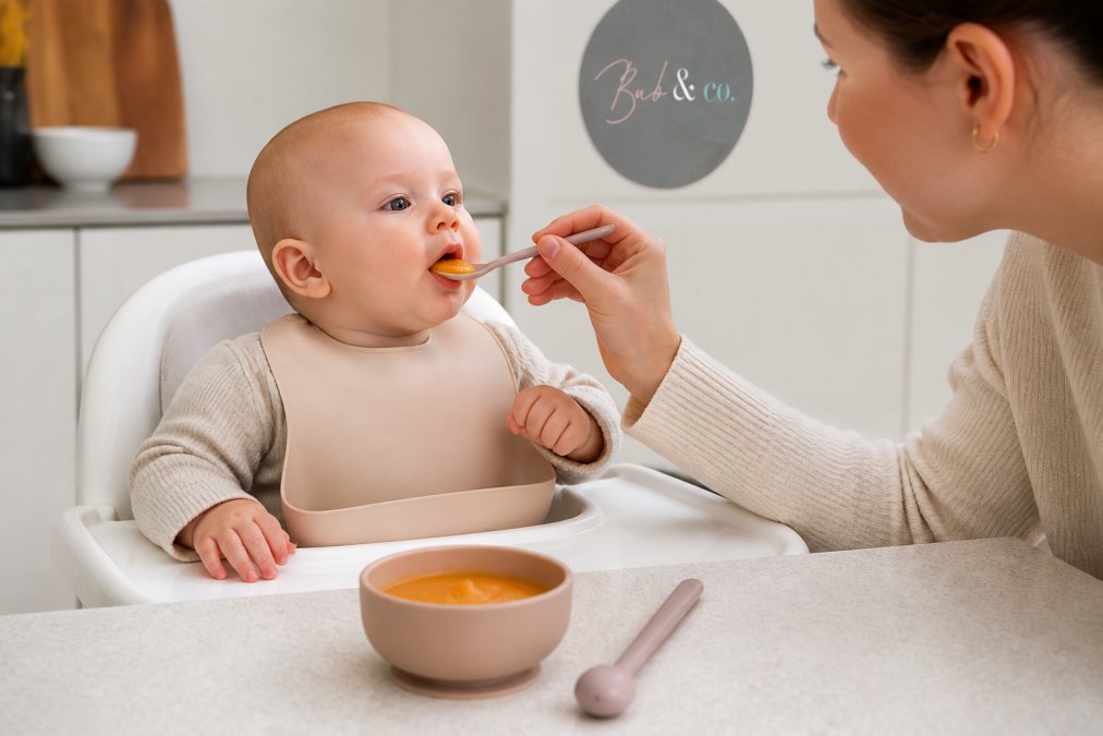 Parent feeding a baby orange baby food purees with a silicone spoon in a highchair