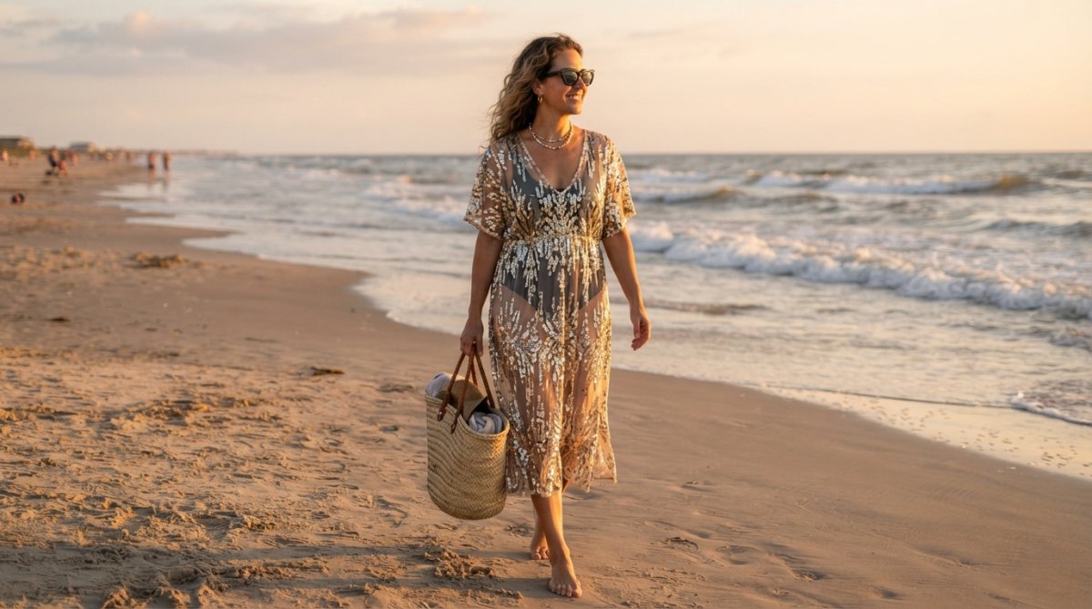 Woman wearing a sheer sequin beach cover-up dress over swimwear, standing on sandy beach with ocean waves in background, wearing sunglasses and holding a woven beach bag, golden hour lighting