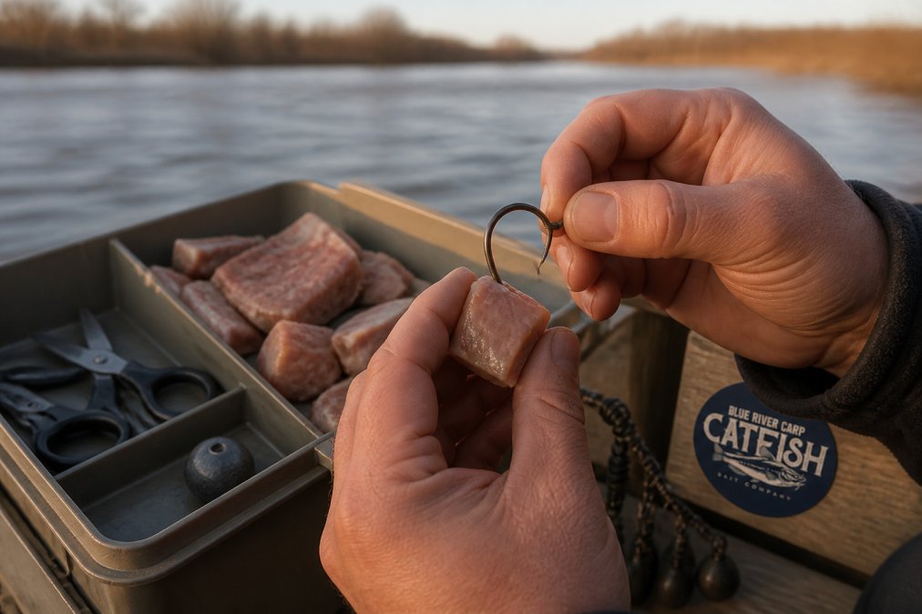 Hand threading a preserved carp chunk onto a large circle hook as one of the most effective catfish baits for deep water.