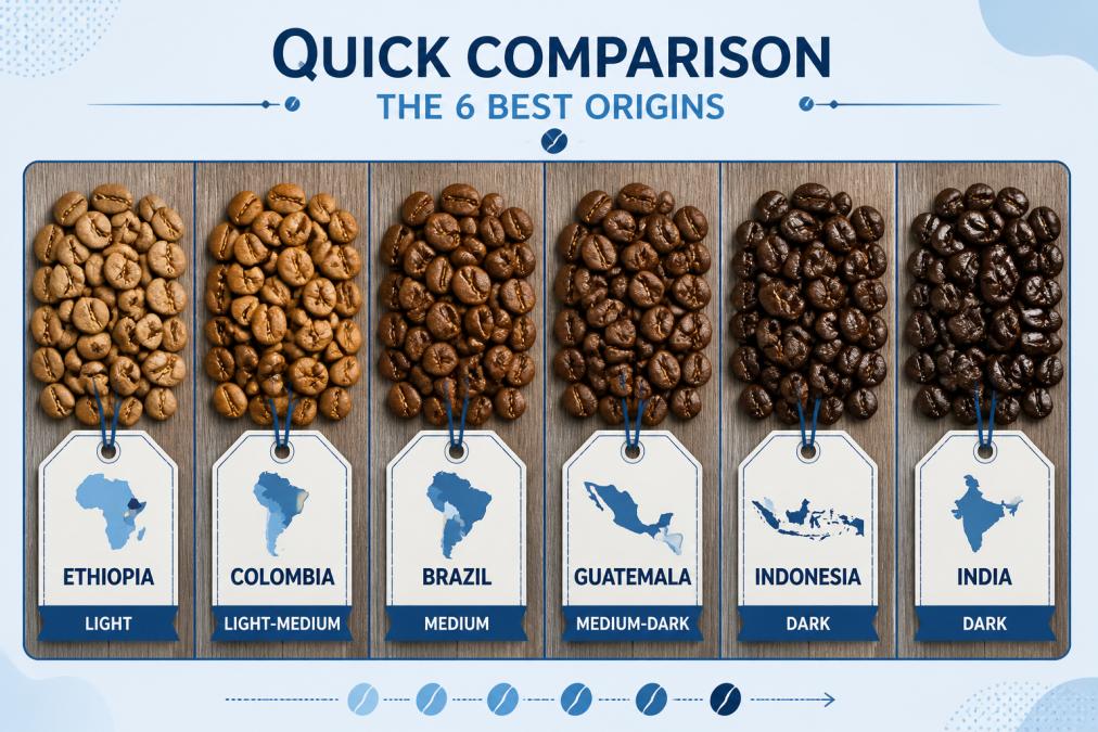 Close-up of six different coffee bean samples arranged side by side on a wooden surface, showing distinct color variations from light to dark roasts, with each origin clearly labeled with handwritten tags