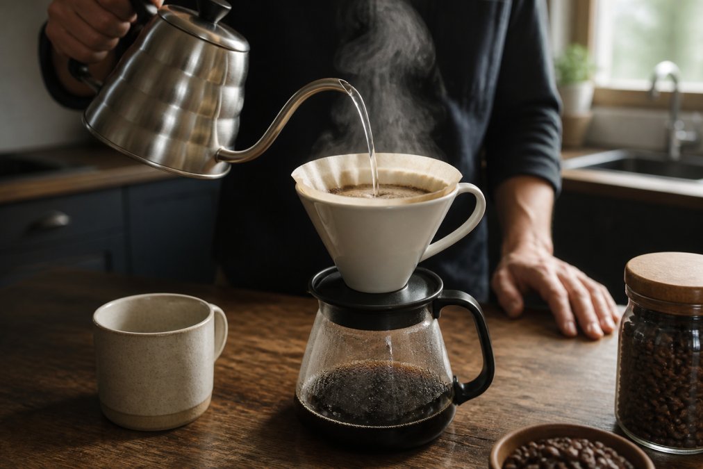 Gooseneck kettle pouring hot water in a spiral over coffee grounds in a dripper on a wooden counter