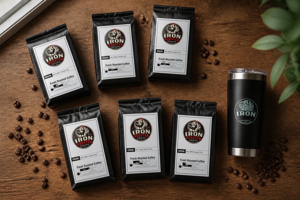 Flat lay of six artisan coffee sample packs arranged on a warm wooden surface alongside a branded stainless steel travel mug and scattered whole coffee beans, photographed in soft natural window light from above