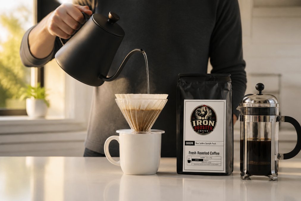 Person carefully pouring a thin stream of hot water from a gooseneck kettle over a pour-over dripper set on a white ceramic mug, with a bag of whole bean coffee and a French press visible in the background on a clean kitchen counter, warm morning light coming through a window