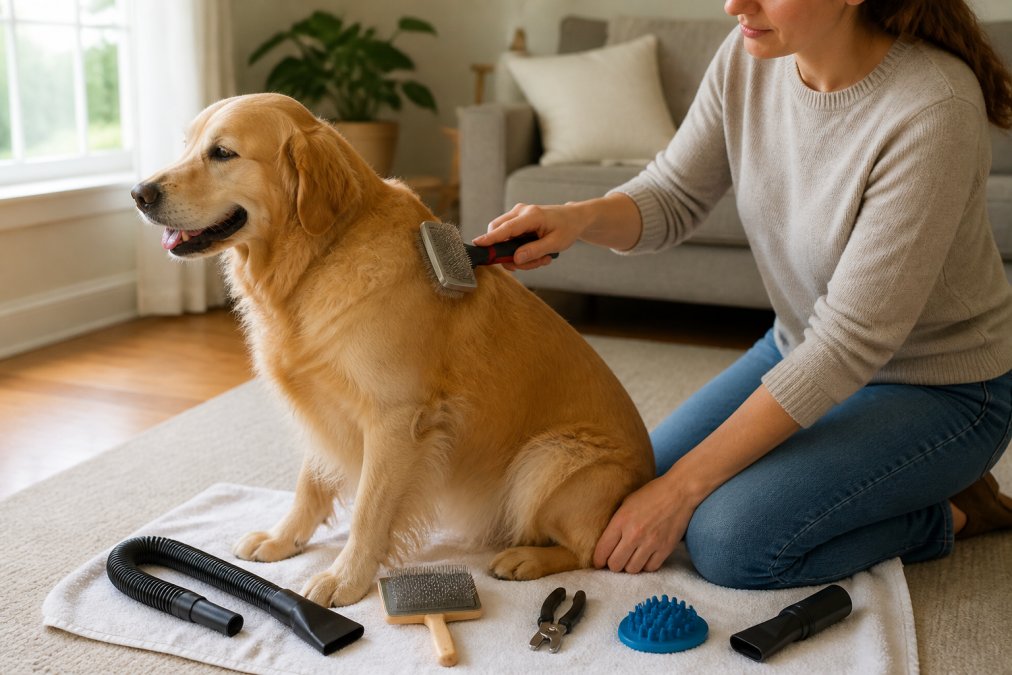A calm golden retriever sitting on a towel while a person gently brushes its back with a slicker brush in a bright, quiet living room