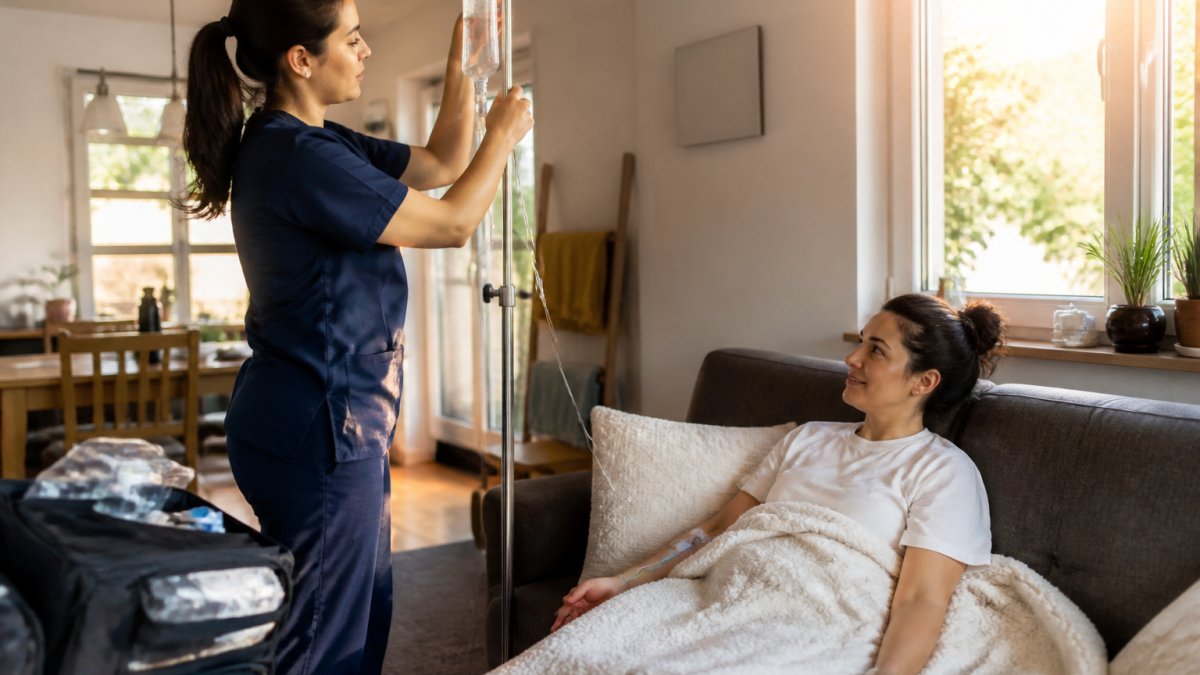 A licensed mobile phlebotomist in navy scrubs setting up an IV drip stand in a bright, tidy living room while a relaxed adult client sits on a sofa with a blanket over their lap