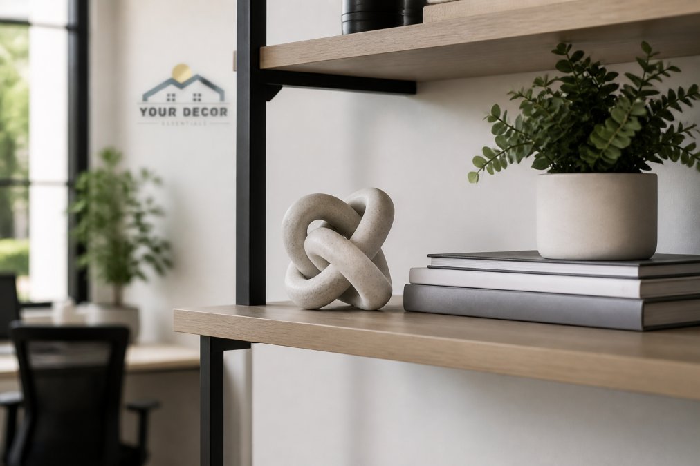 A modern office shelf styled with a small knot-style abstract sculpture, a stack of design books, and a small plant, in a bright minimalist workspace