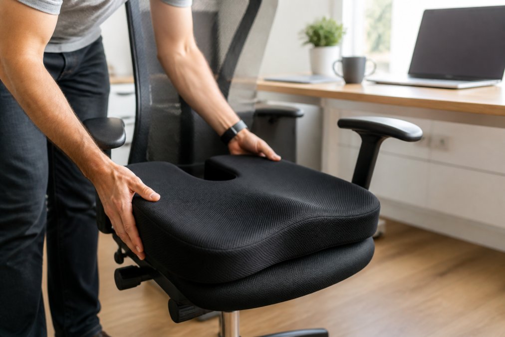 Person adjusting a memory foam seat cushion, one of many essential office chair accessories, on a desk chair.