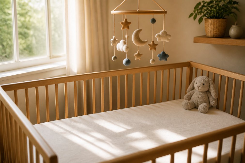 Sunlit crib featuring a plush toy and crisp organic baby bedding for a comfortable nursery setting