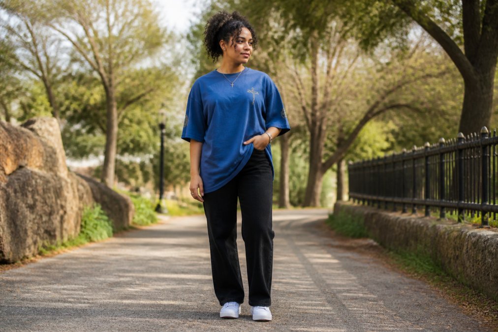 Woman wearing oversized Faith Over Fear Diamond Edition t-shirt in blue with gold accents, styled with black jeans and white sneakers, standing confidently in natural outdoor lighting