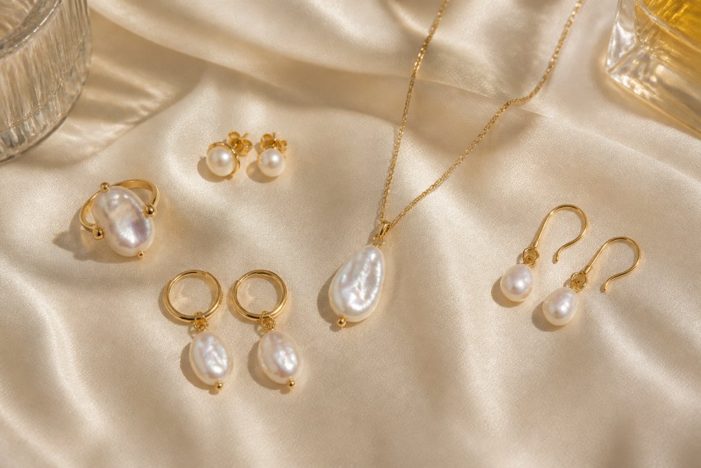 Flat lay of multiple pearl jewellery pieces arranged on a soft cream fabric surface, including stud earrings, a pendant necklace, and a baroque ring, with warm natural light highlighting the lustre and iridescence of each pearl