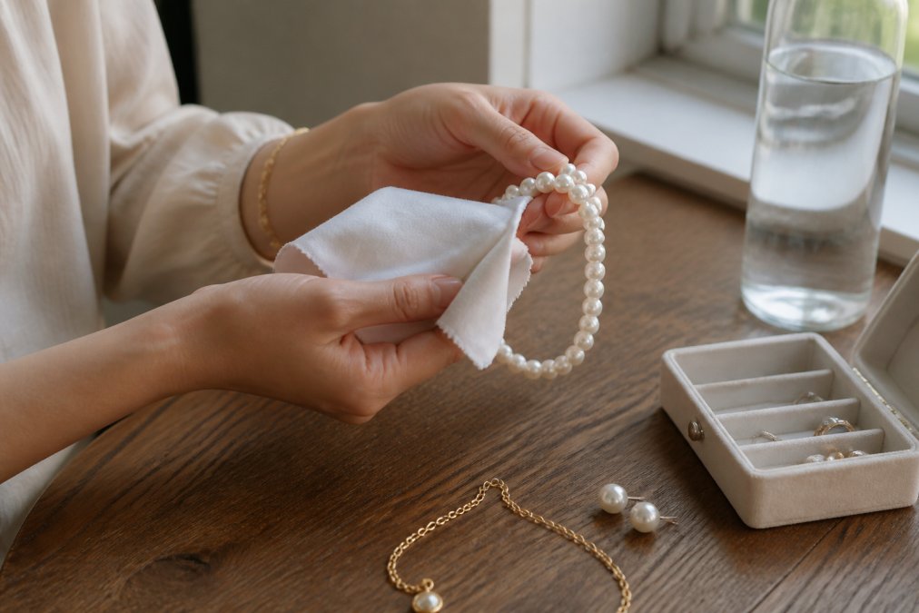 Close-up of a woman's hands gently wiping a pearl strand necklace with a soft white cloth on a wooden surface, with a small open jewellery box and a bottle of plain water visible nearby, warm natural light from a window