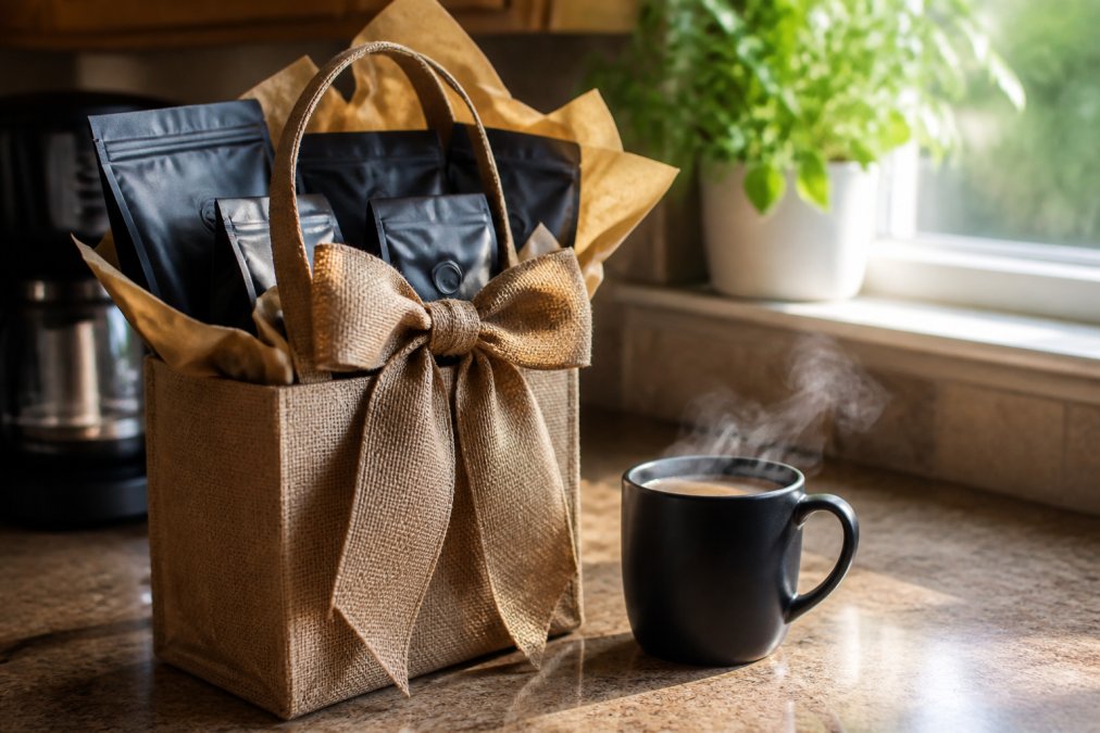 A warmly wrapped gift bag filled with coffee bags sits on a kitchen counter next to a steaming mug of coffee, soft natural light from a nearby window
