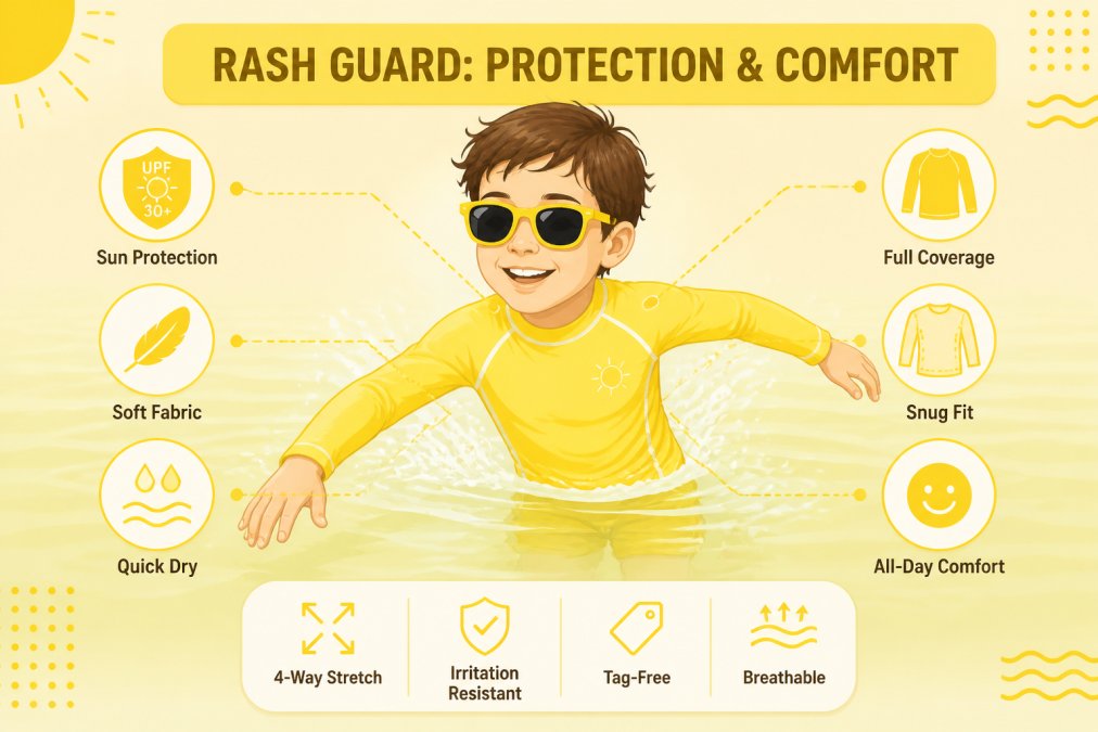 Child wearing a brightly colored long-sleeve rash guard in a swimming pool, showing proper fit, coverage, and comfort while swimming with visible confidence and ease