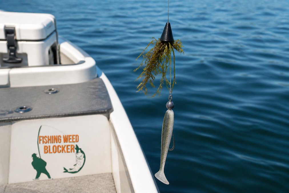 Fishing weed blocker attached to a line above a lure, keeping snag-free tools clear of underwater debris.