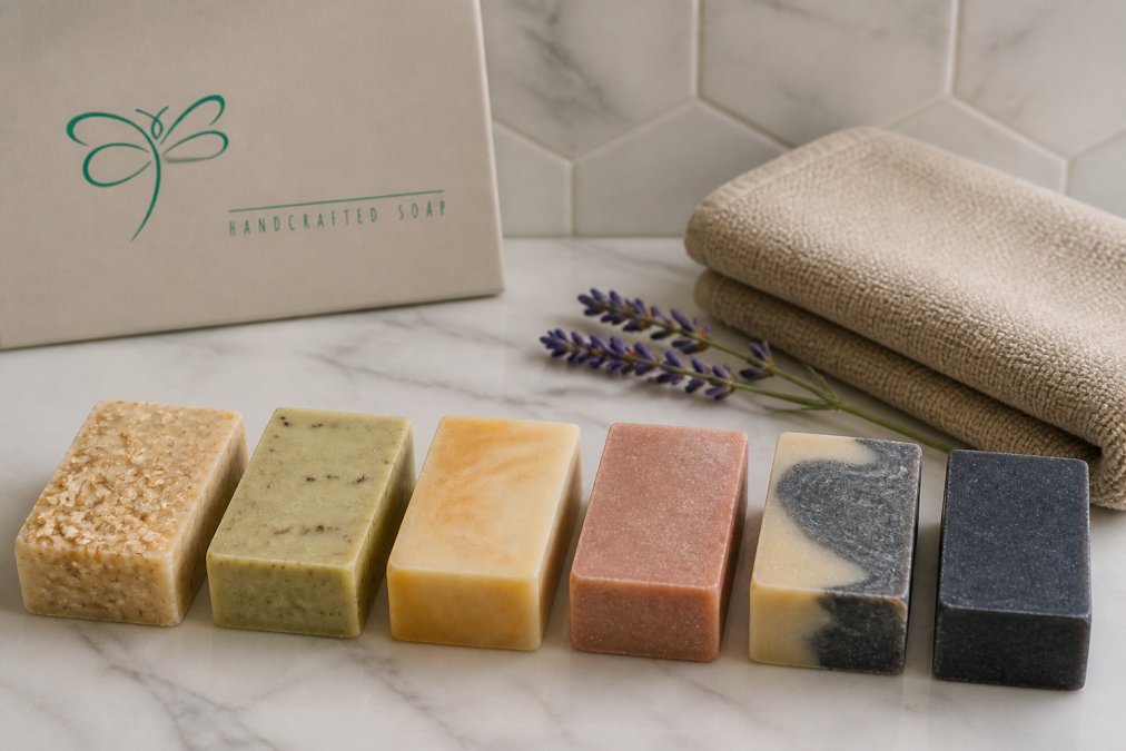 A flat lay of six handcrafted artisan soap bars arranged on a light marble bathroom counter, each bar showing its unique color and texture, with a small sprig of lavender and a folded linen towel nearby
