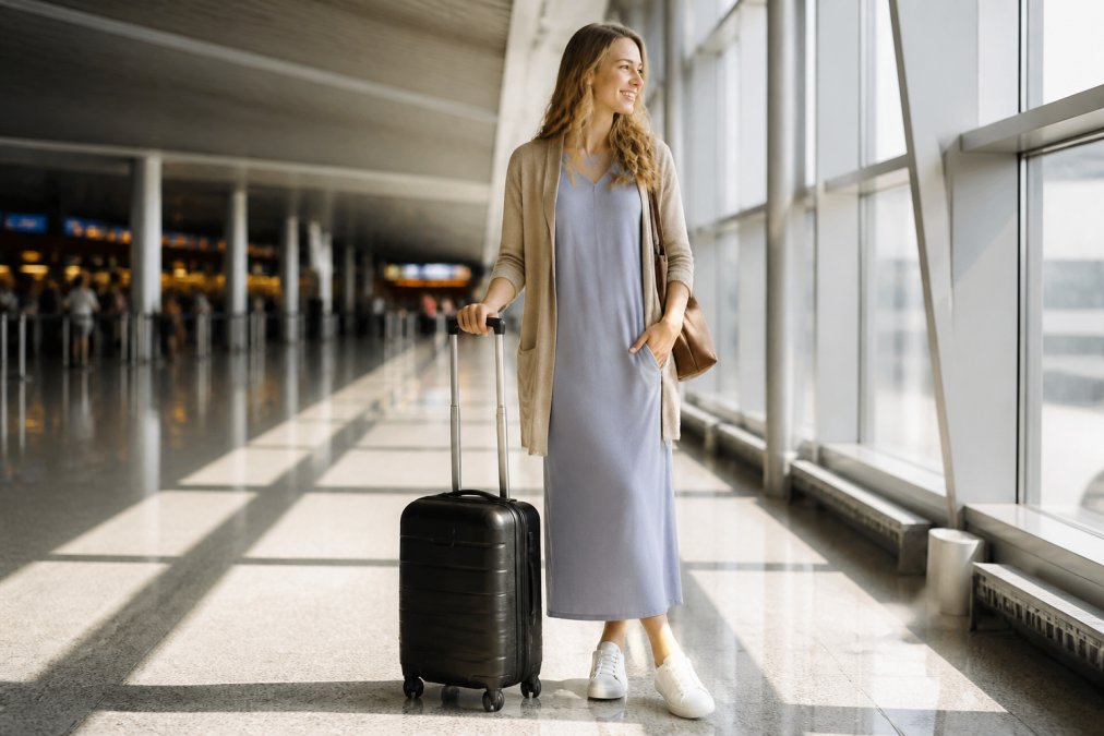 Woman wearing a lightweight travel dress with a tailored cardigan and white sneakers, standing in a modern airport terminal with a small carry-on suitcase, natural morning light streaming through large windows
