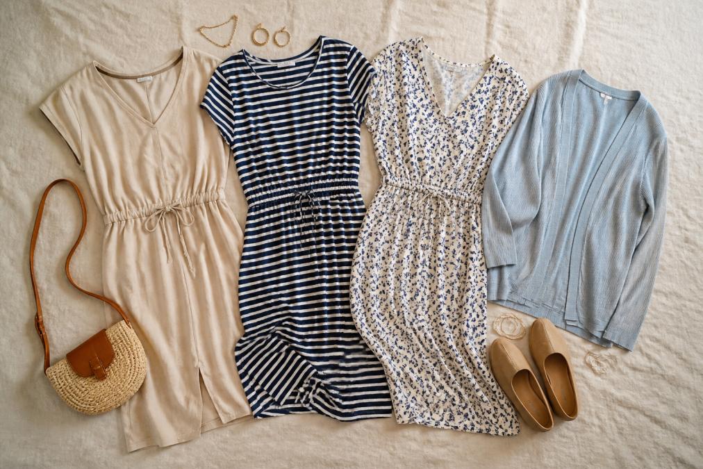Flat lay of three travel dresses in complementary colors (one solid neutral, one stripe, one print) arranged with a lightweight cardigan, neutral shoes, jewelry, and a small crossbody bag on a natural linen background, showing how pieces coordinate together