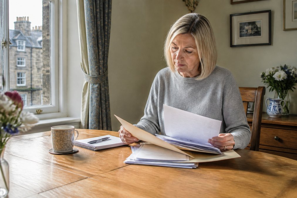 A woman in her fifties sitting at a dining table reviewing a folder of GP letters and payslips, a notepad and pen beside a mug of tea, soft afternoon light through a tenement window