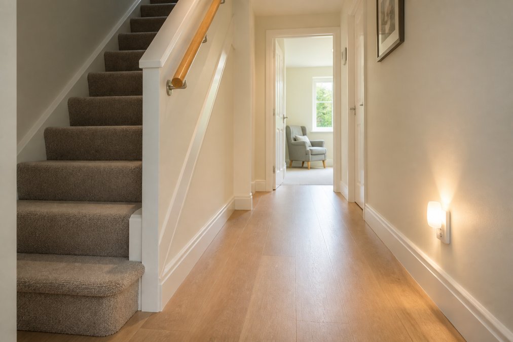Bright hallway featuring a handrail and night light to help prevent falls by ensuring clear floor space.
