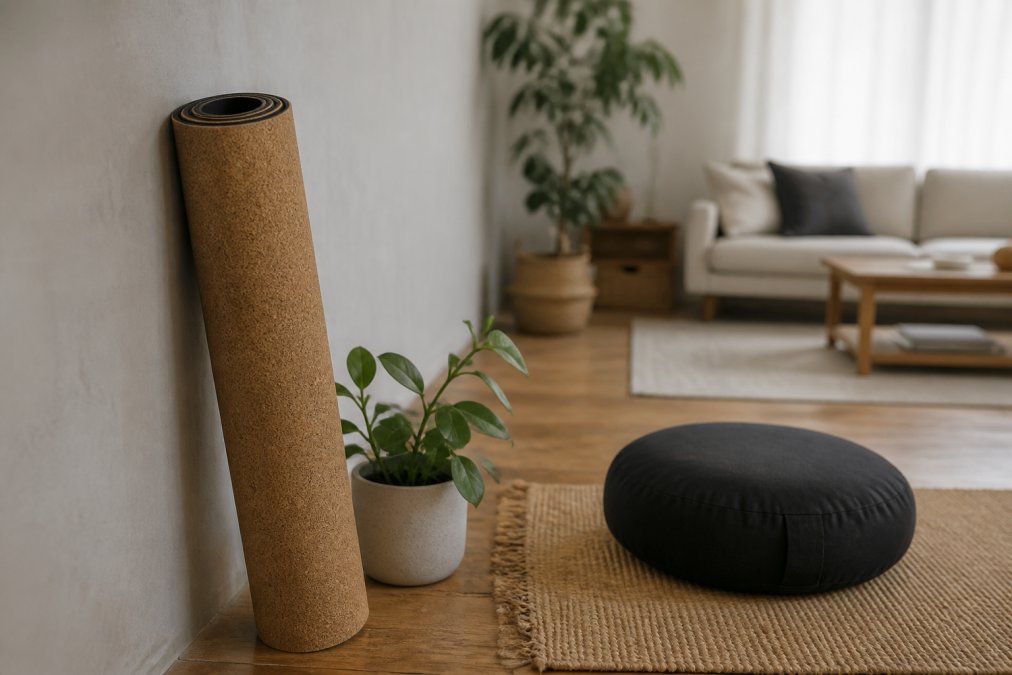 A rolled cork and natural rubber mat leaning against a wall in a bright, modern living room, with a small plant and a meditation cushion nearby